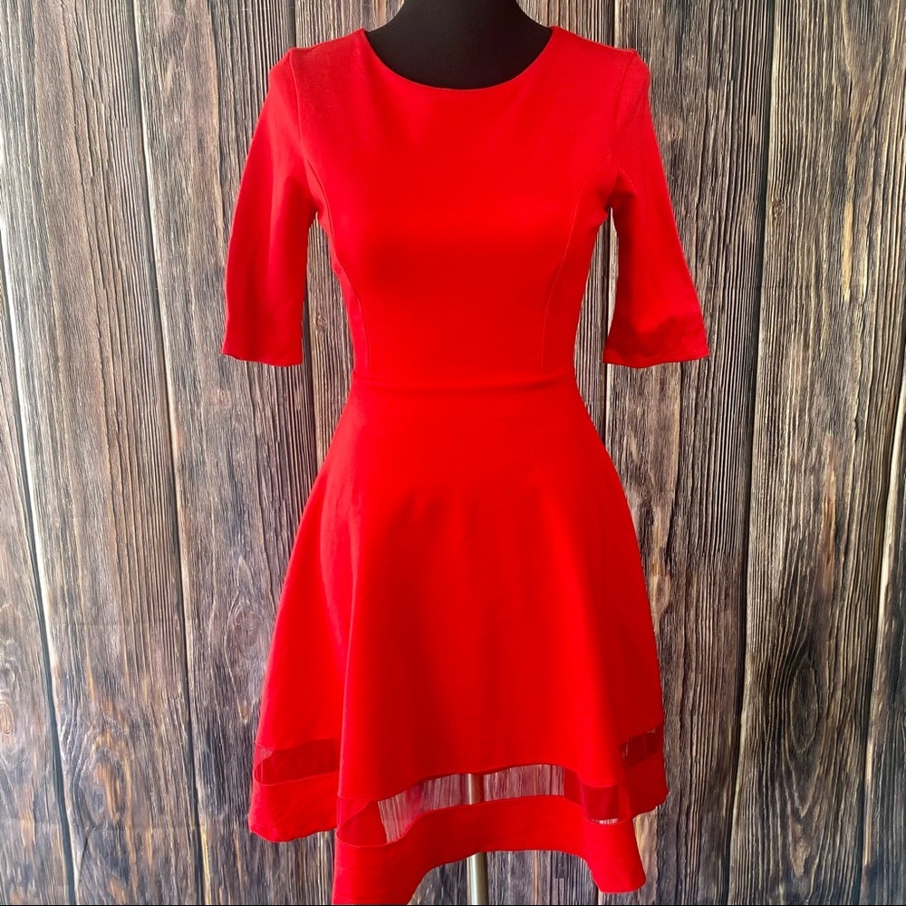 LULU'S Sheer Factor Cherry Red Mesh Skater Half Sleeve Fit & Flare Dress